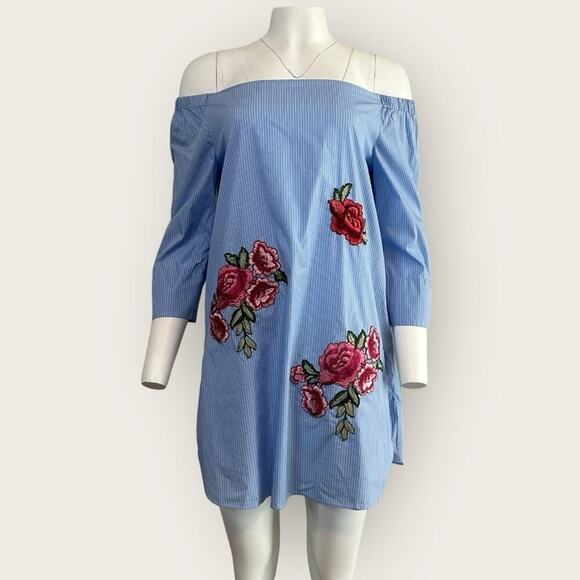 Zara Woman | Floral Embroidered Striped Off Shoulder Mini | Blue | Large - Picture 1 of 14